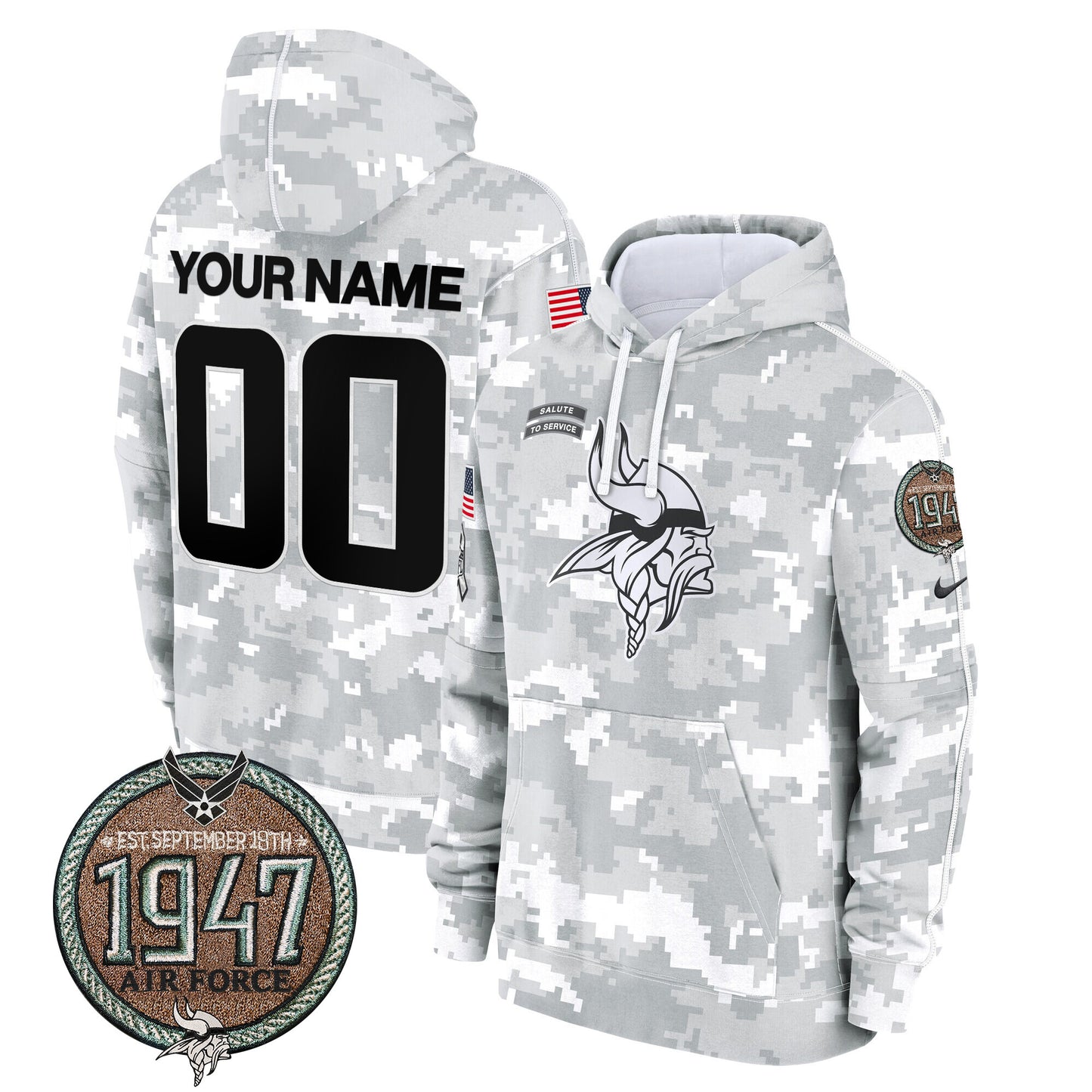 Minnesota Vikings 2024 Salute to Service Establishment Year Patch Custom Fleece Pullover Hoodie