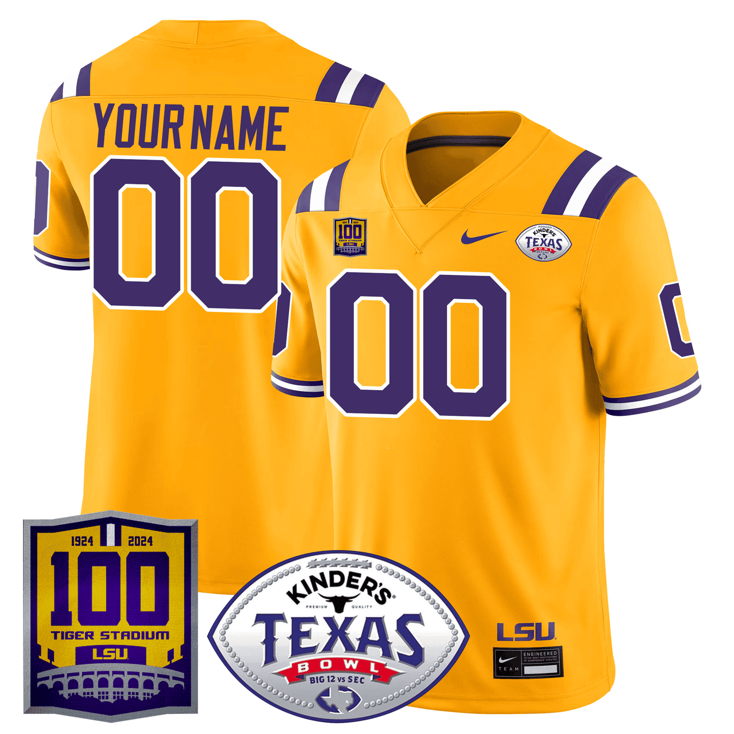 LSU Tigers 100 Years of Tiger Stadium & Texas Bowl Patch Vapor Limited Custom Jersey - All Stitched