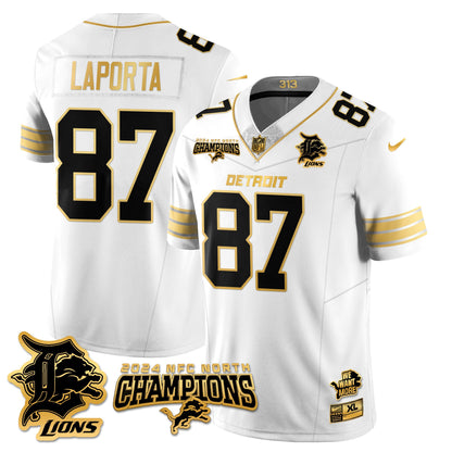 Detroit Lions 2024 NFC North Champions Gold Jersey N1 - All Stitched