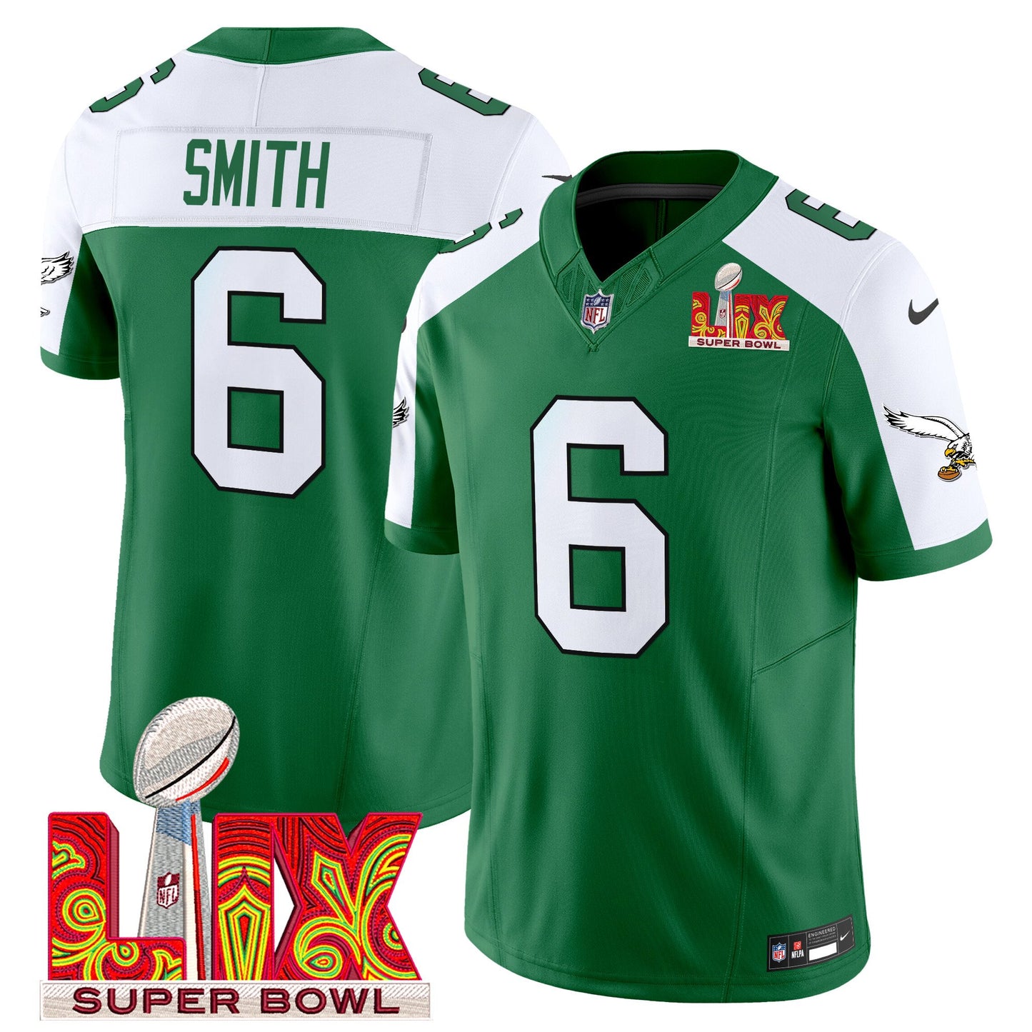 Philadelphia Eagles Kelly Green Super Bowl LIX Patch Vapor Limited Jersey - All Stitched