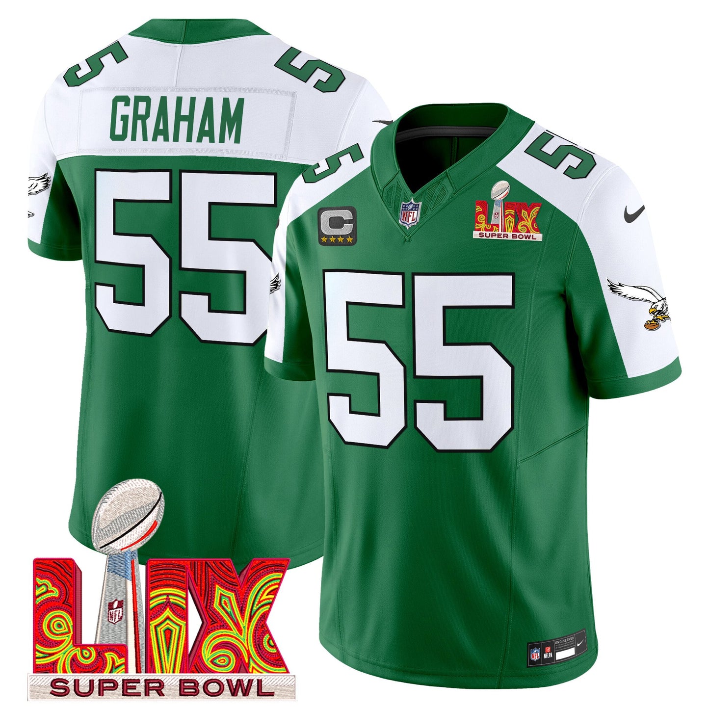Philadelphia Eagles Kelly Green Super Bowl LIX Patch Vapor Limited Jersey - All Stitched