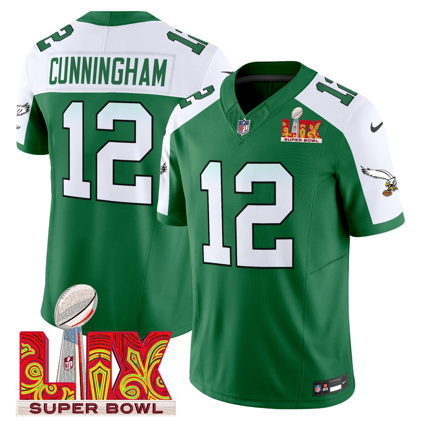 Philadelphia Eagles Kelly Green Super Bowl LIX Patch Vapor Limited Jersey - All Stitched