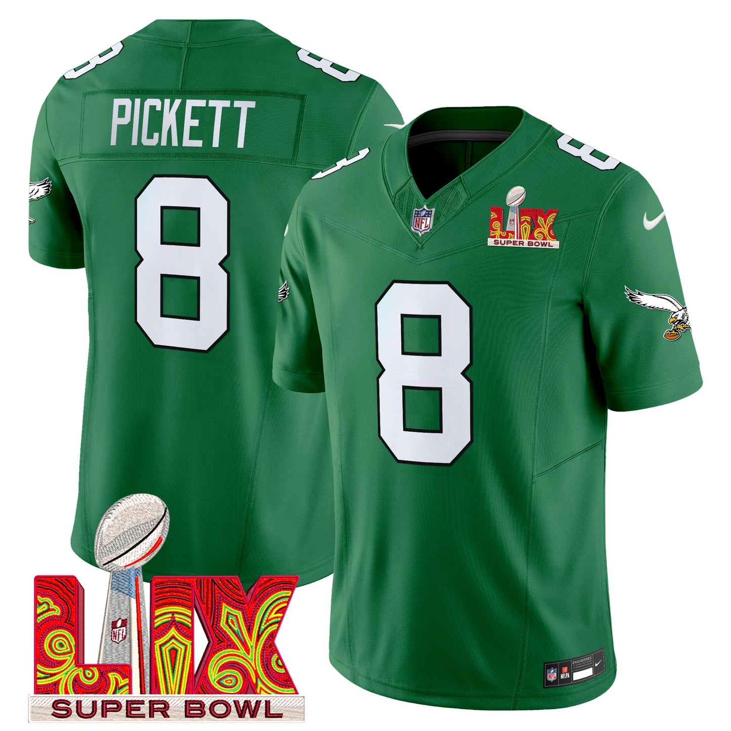 Philadelphia Eagles Kelly Green Super Bowl LIX Patch Vapor Limited Jersey - All Stitched
