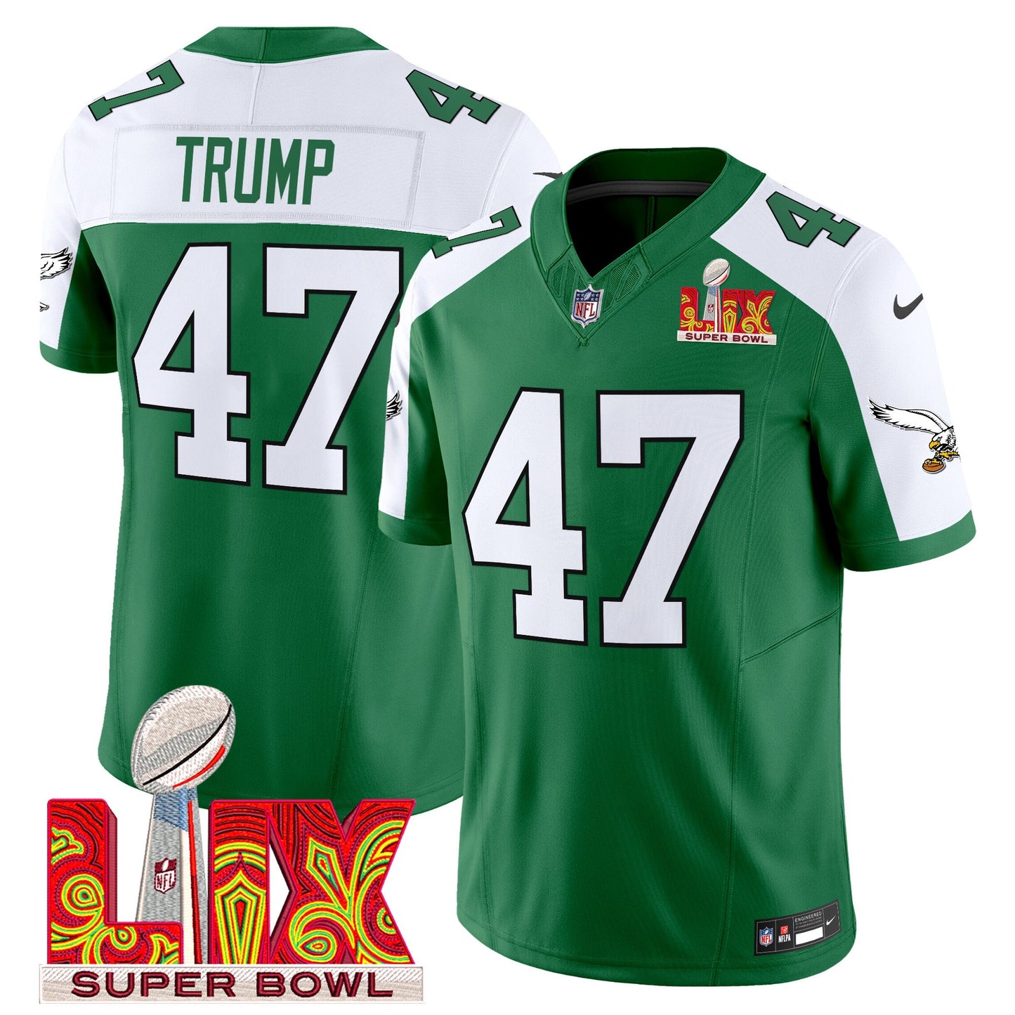 Philadelphia Eagles Kelly Green Super Bowl LIX Patch Vapor Limited Jersey - All Stitched