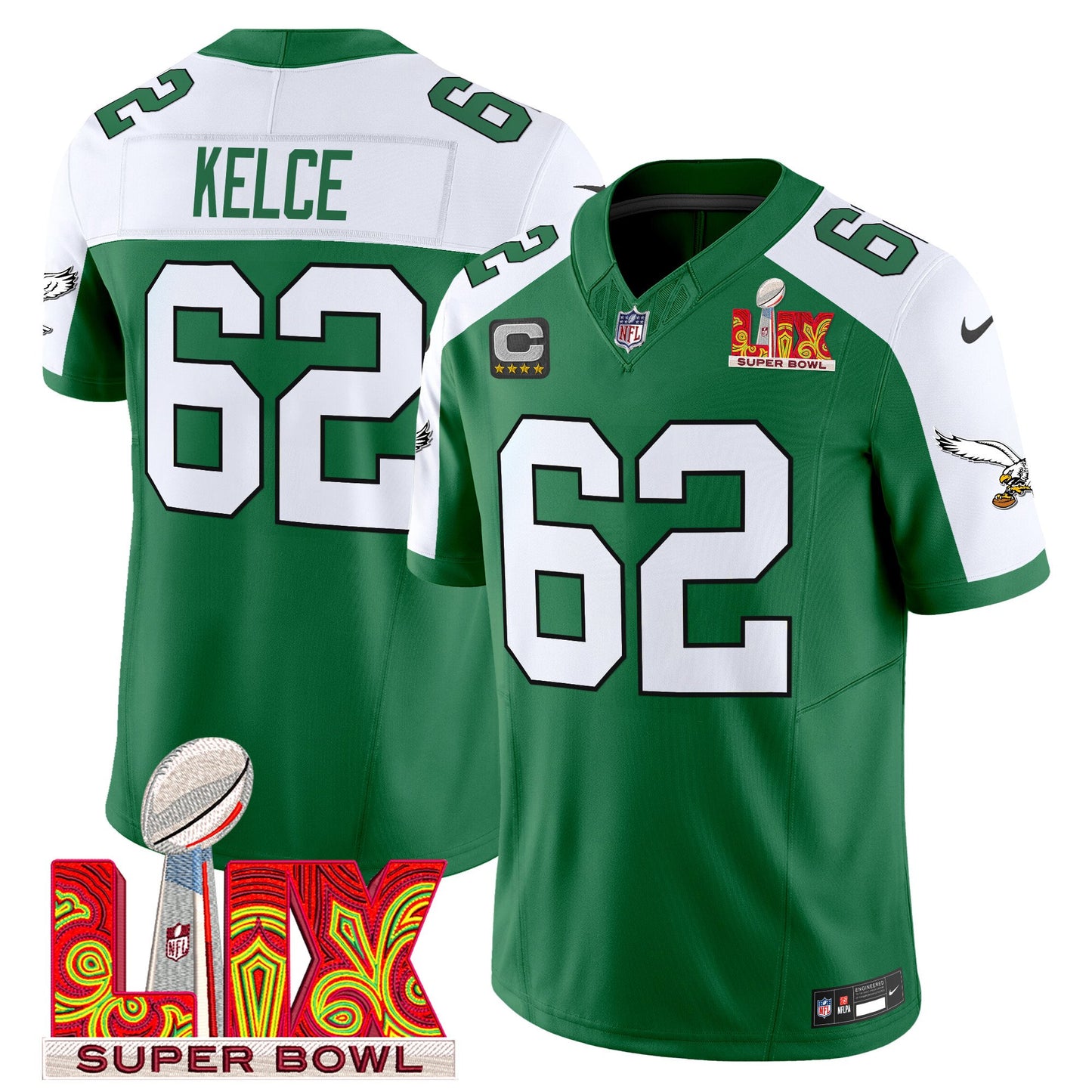 Philadelphia Eagles Kelly Green Super Bowl LIX Patch Vapor Limited Jersey - All Stitched