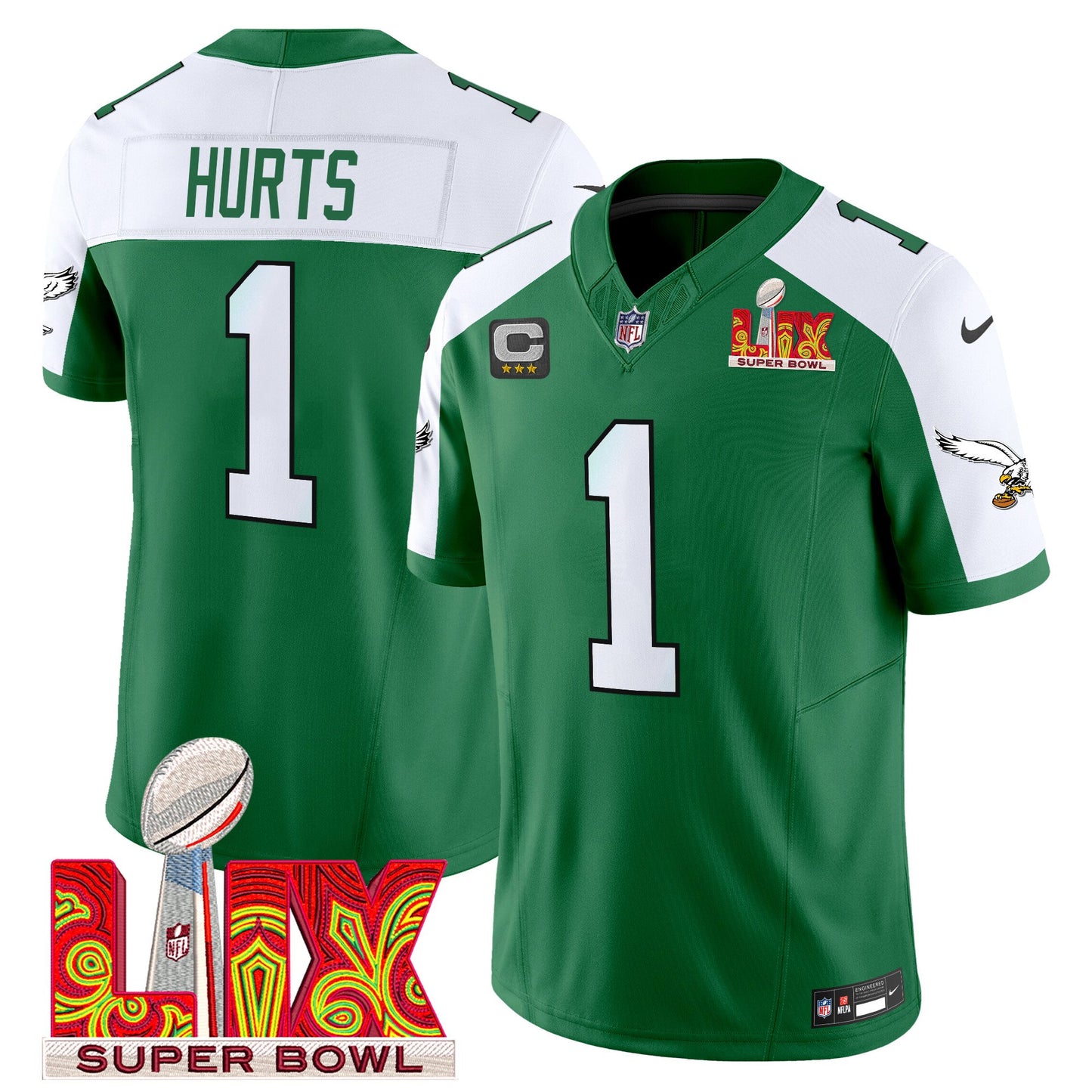 Philadelphia Eagles Kelly Green Super Bowl LIX Patch Vapor Limited Jersey - All Stitched