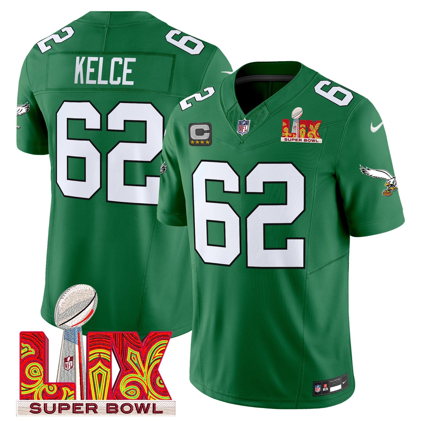 Philadelphia Eagles Kelly Green Super Bowl LIX Patch Vapor Limited Jersey - All Stitched