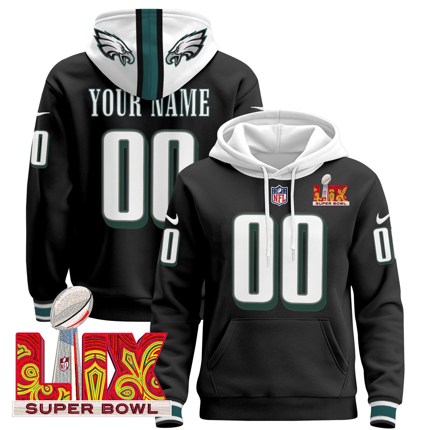 Philadelphia Eagles Super Bowl LIX Patch Custom Pullover Hoodie - All Stitched