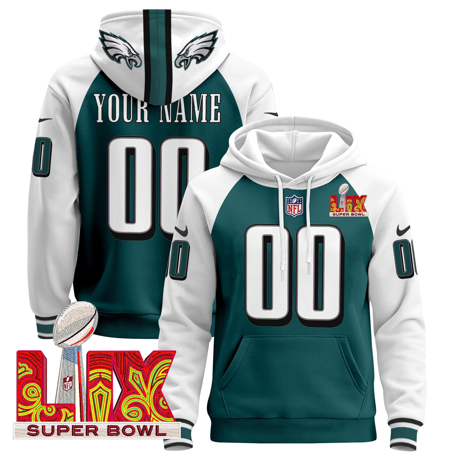 Philadelphia Eagles Super Bowl LIX Patch Custom Pullover Hoodie - All Stitched