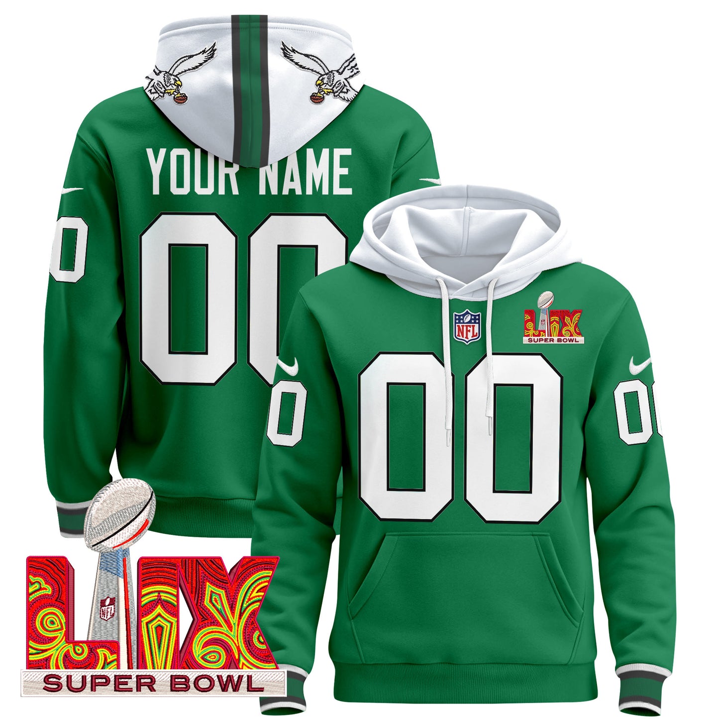 Philadelphia Eagles Super Bowl LIX Patch Custom Pullover Hoodie - All Stitched