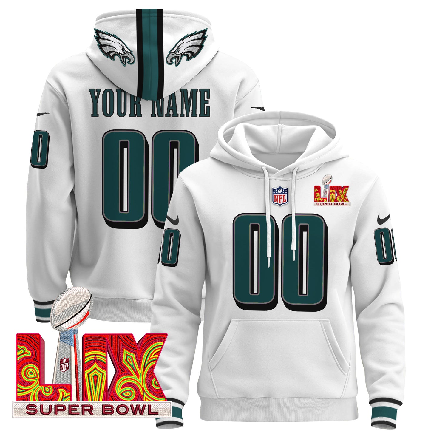 Philadelphia Eagles Super Bowl LIX Patch Custom Pullover Hoodie - All Stitched