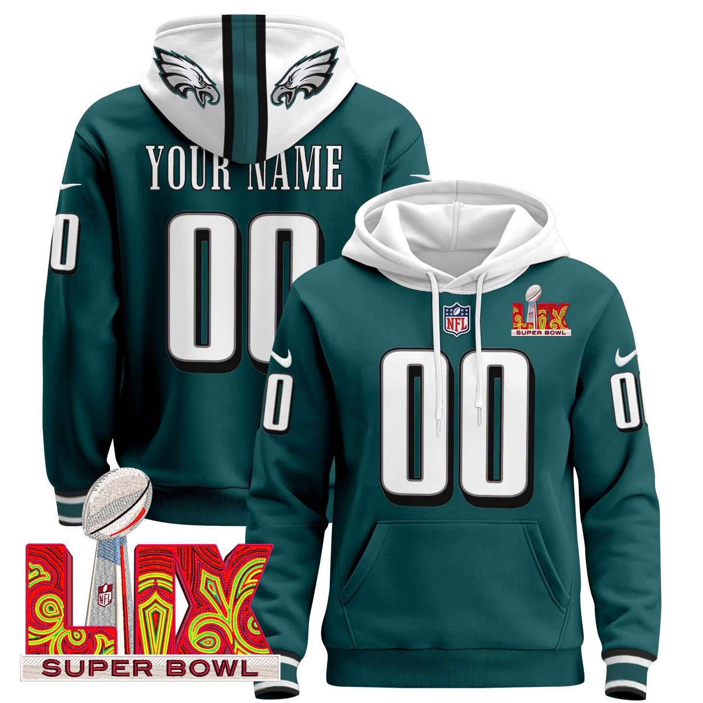 Philadelphia Eagles Super Bowl LIX Patch Custom Pullover Hoodie - All Stitched