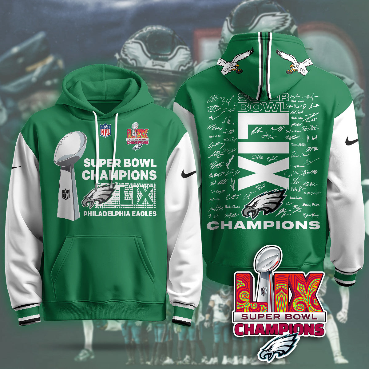 Philadelphia Eagles Super Bowl LIX Champions Roster Signing Gold Hoodie