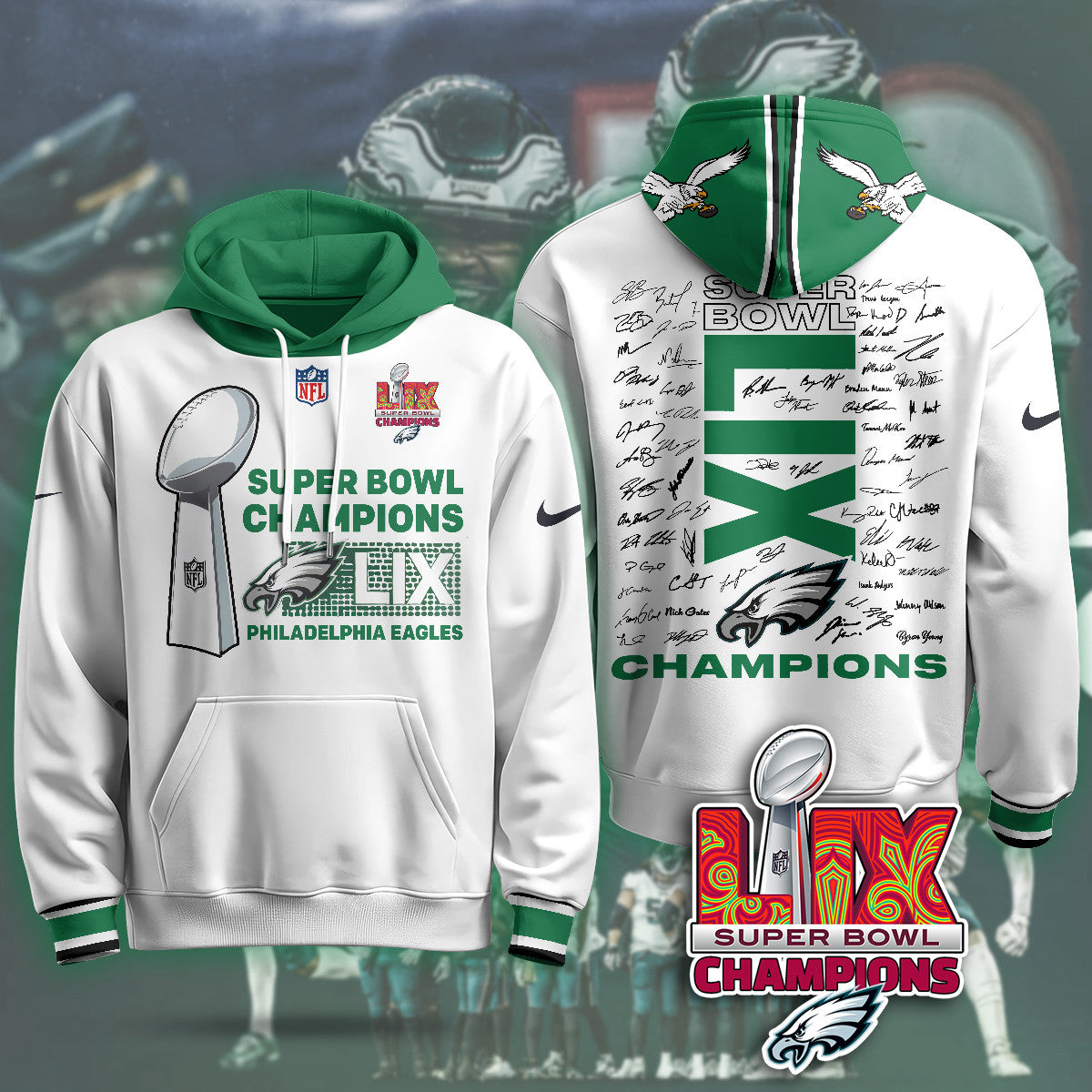Philadelphia Eagles Super Bowl LIX Champions Roster Signing Gold Hoodie