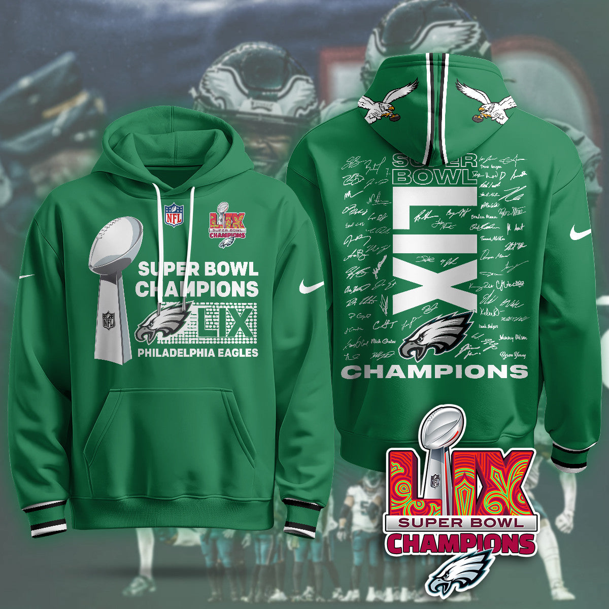 Philadelphia Eagles Super Bowl LIX Champions Roster Signing Gold Hoodie