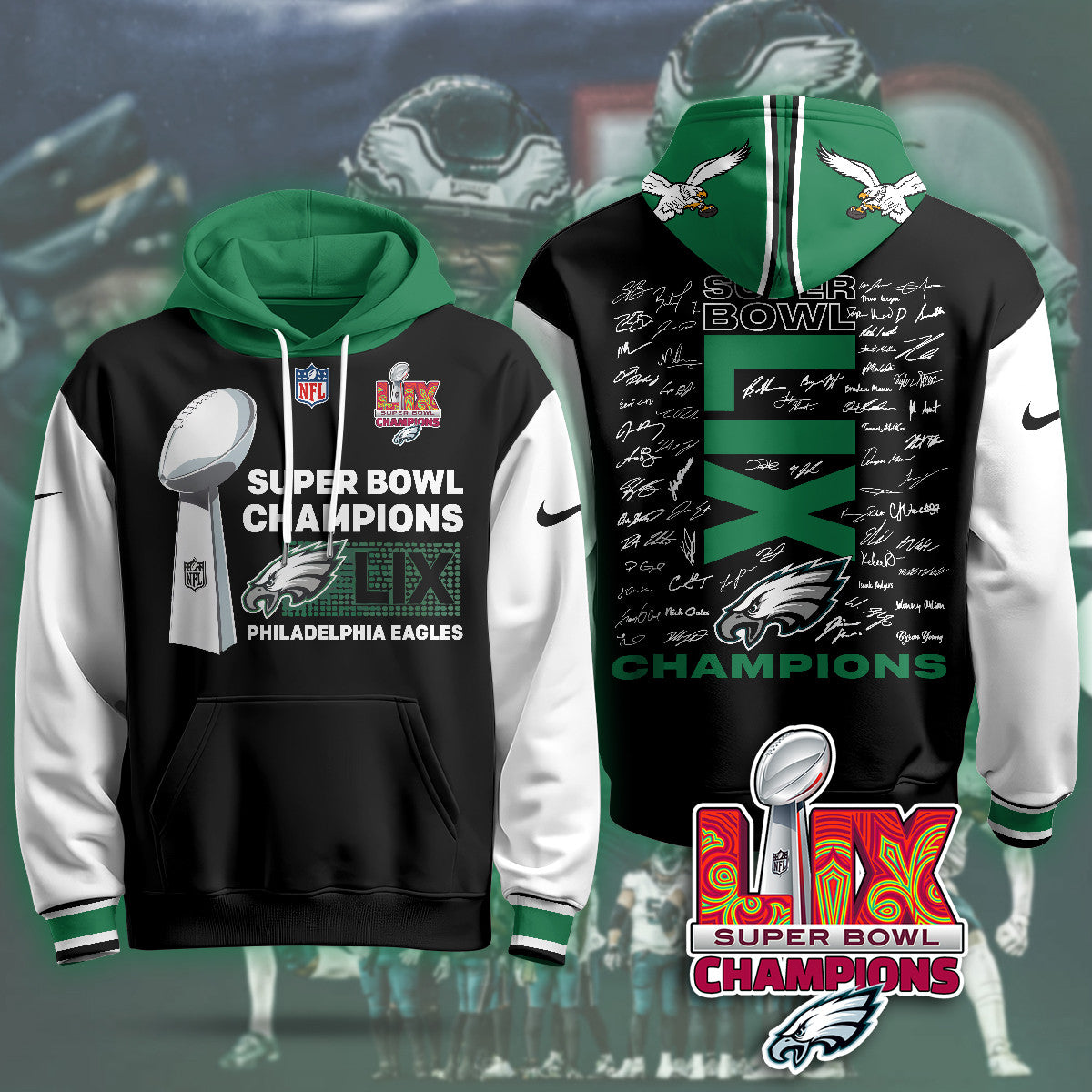 Philadelphia Eagles Super Bowl LIX Champions Roster Signing Gold Hoodie