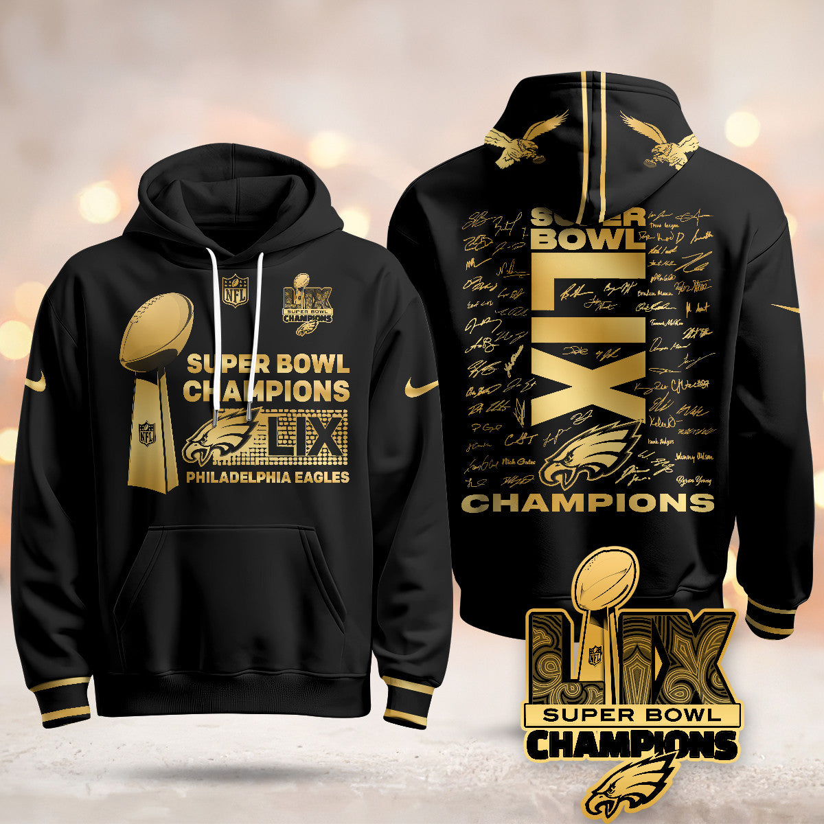 Philadelphia Eagles Super Bowl LIX Champions Roster Signing Gold Hoodie