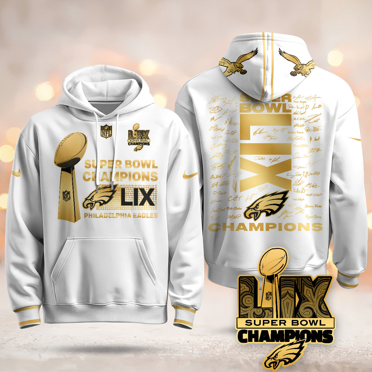Philadelphia Eagles Super Bowl LIX Champions Roster Signing Gold Hoodie