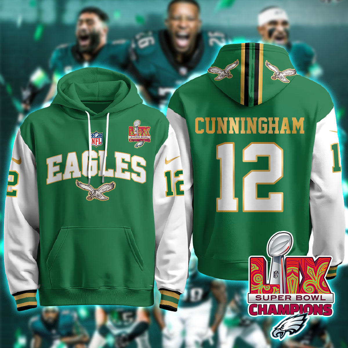 Philadelphia Eagles Super Bowl LIX Champions Gold Hoodie N2R