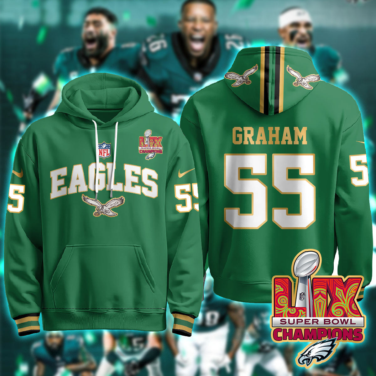 Philadelphia Eagles Super Bowl LIX Champions Gold Hoodie N2R
