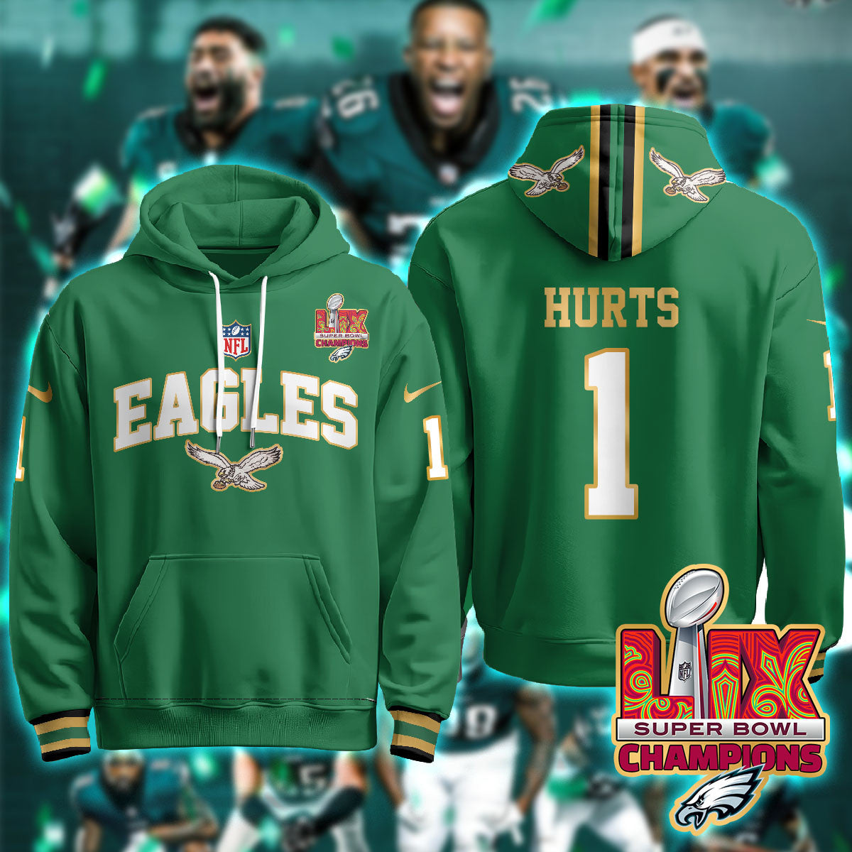 Philadelphia Eagles Super Bowl LIX Champions Gold Hoodie N2R