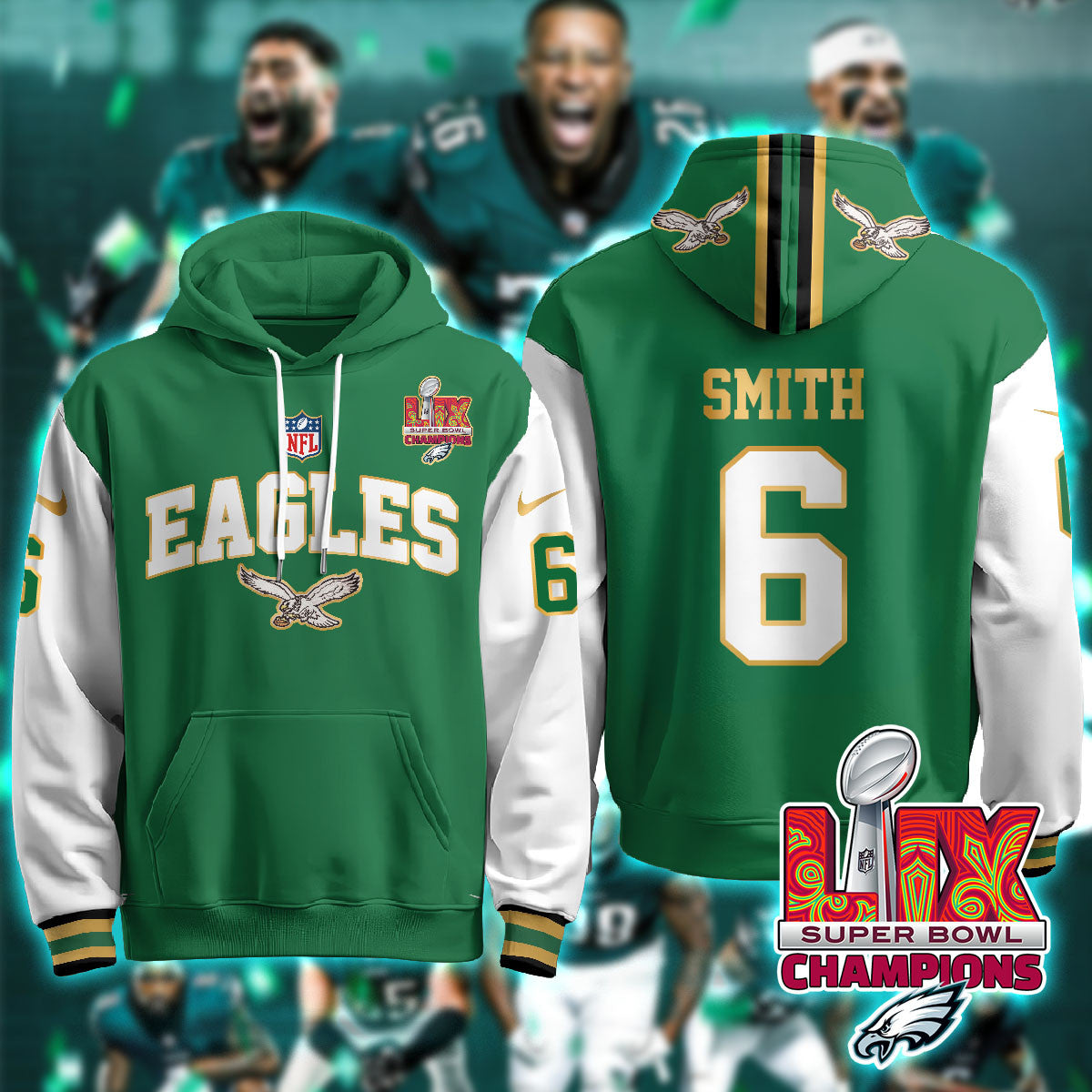 Philadelphia Eagles Super Bowl LIX Champions Gold Hoodie N2R