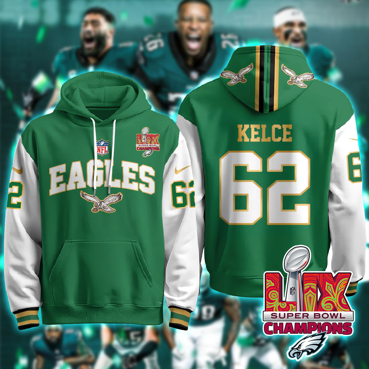 Philadelphia Eagles Super Bowl LIX Champions Gold Hoodie N2R