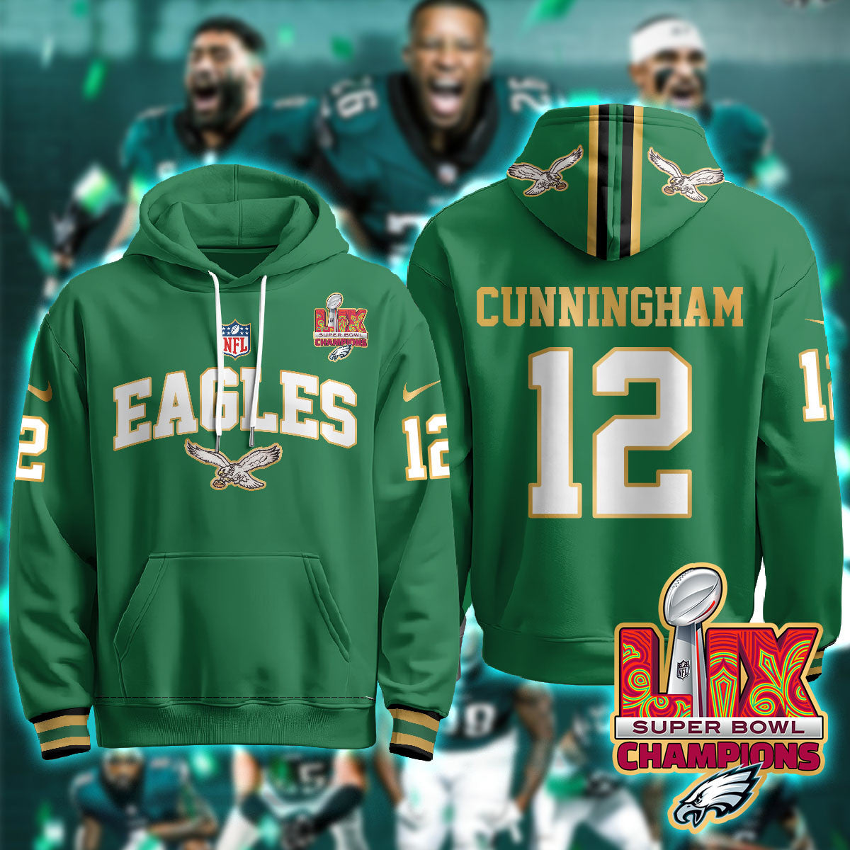 Philadelphia Eagles Super Bowl LIX Champions Gold Hoodie N2R