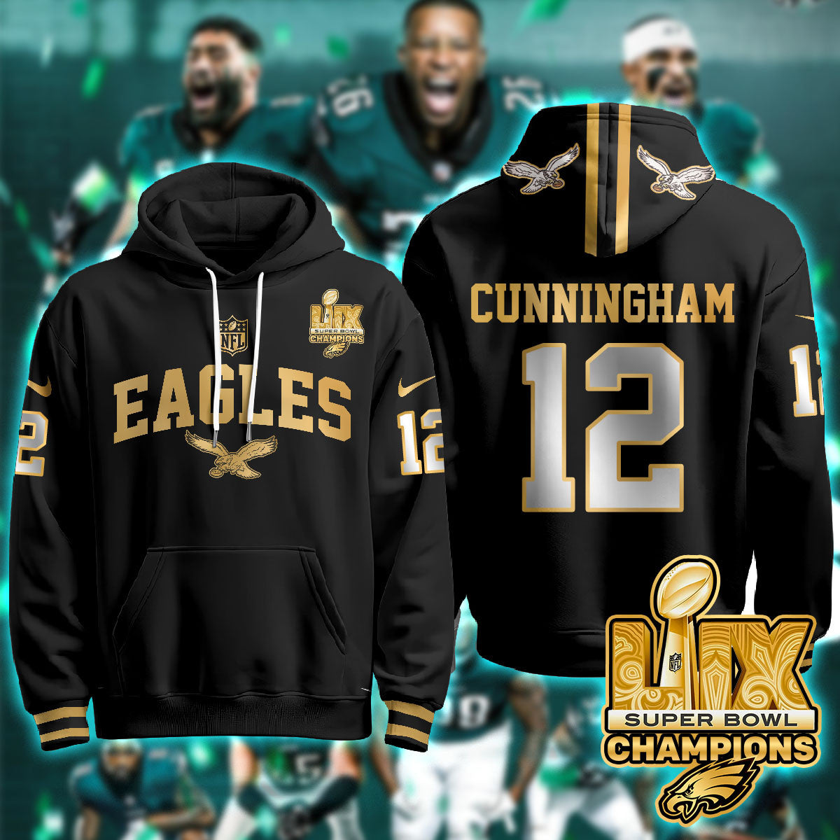Philadelphia Eagles Super Bowl LIX Champions Gold Hoodie N2R