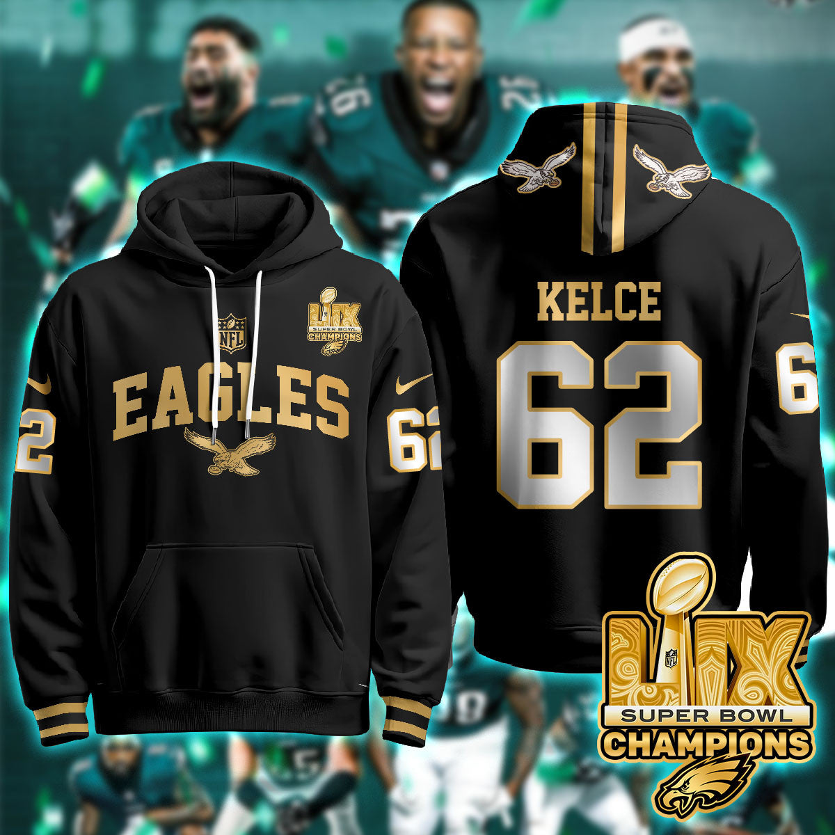 Philadelphia Eagles Super Bowl LIX Champions Gold Hoodie N2R