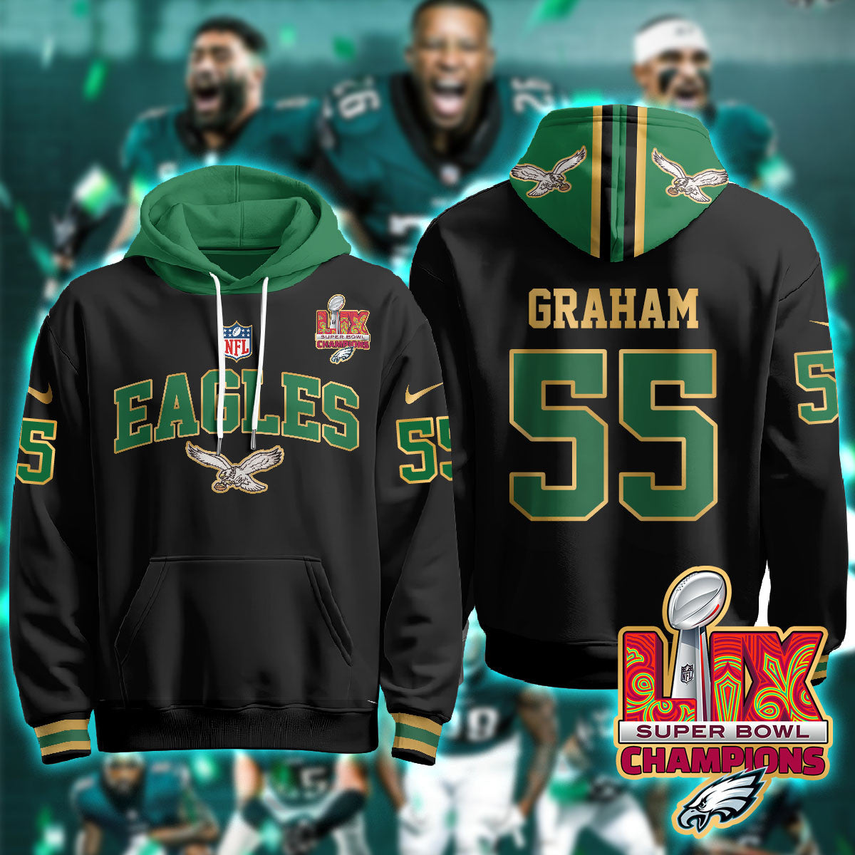 Philadelphia Eagles Super Bowl LIX Champions Gold Hoodie N2R