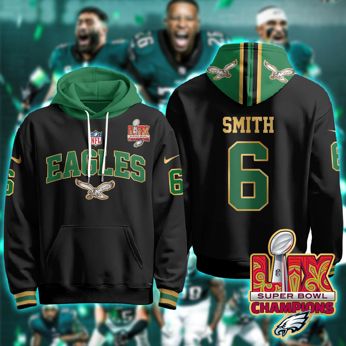 Philadelphia Eagles Super Bowl LIX Champions Gold Hoodie N2R