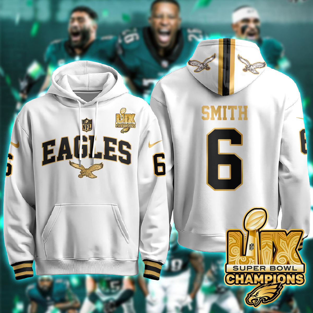 Philadelphia Eagles Super Bowl LIX Champions Gold Hoodie N2R