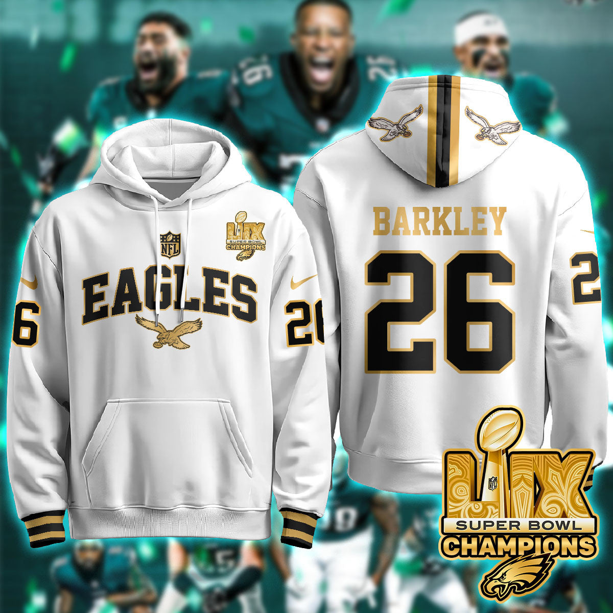 Philadelphia Eagles Super Bowl LIX Champions Gold Hoodie N2R