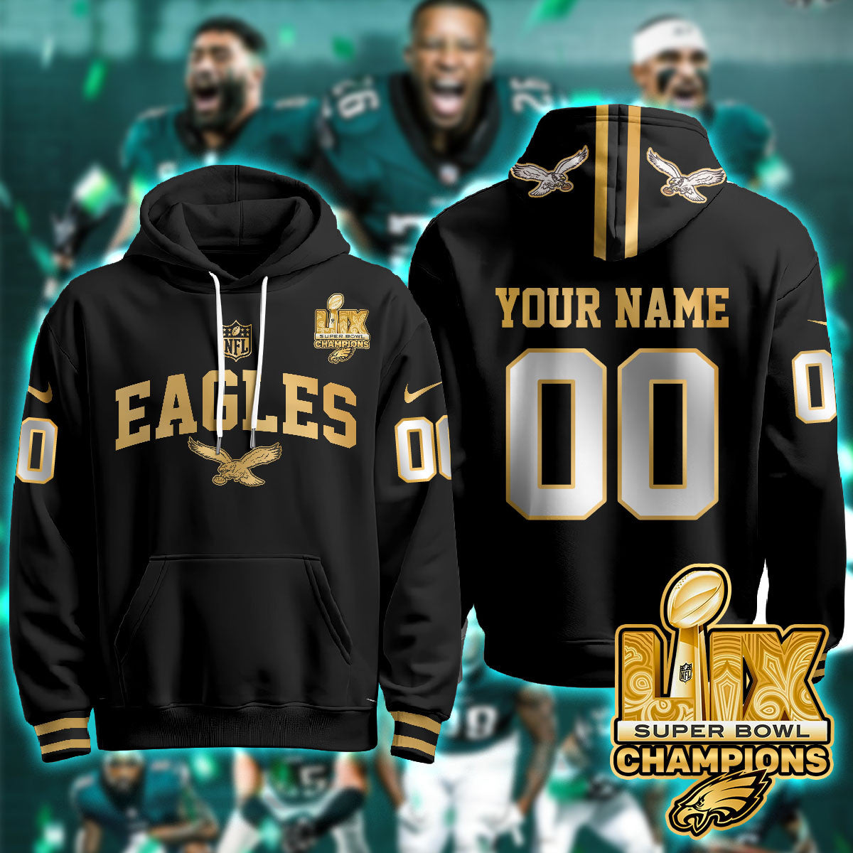 Philadelphia Eagles Super Bowl LIX Champions Gold Hoodie N2r