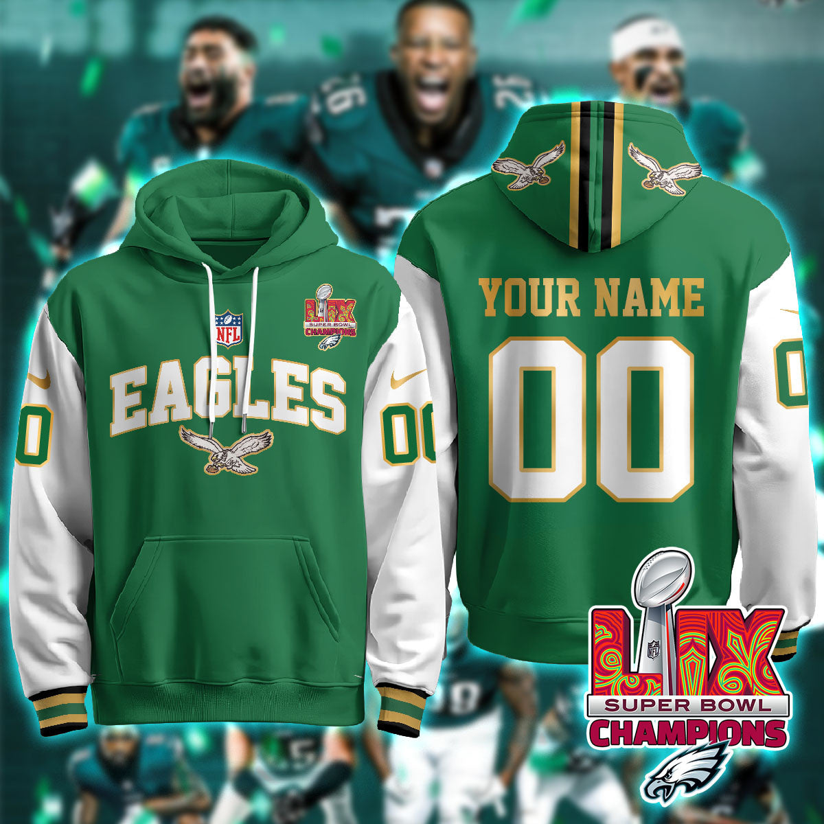 Philadelphia Eagles Super Bowl LIX Champions Gold Hoodie N2r