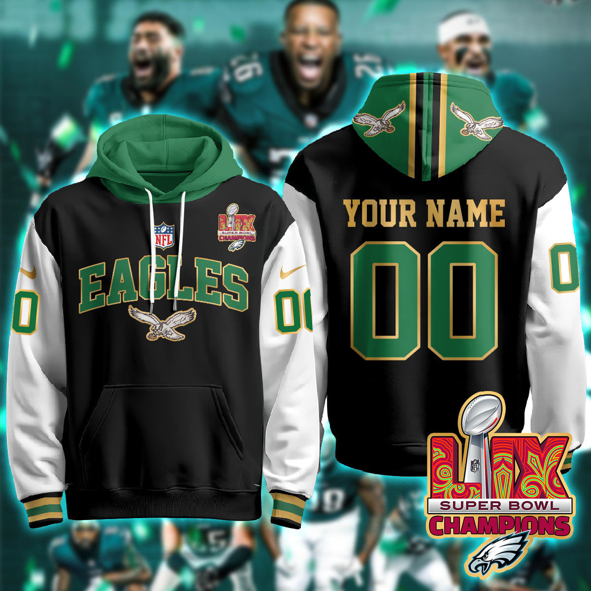 Philadelphia Eagles Super Bowl LIX Champions Gold Hoodie N2r