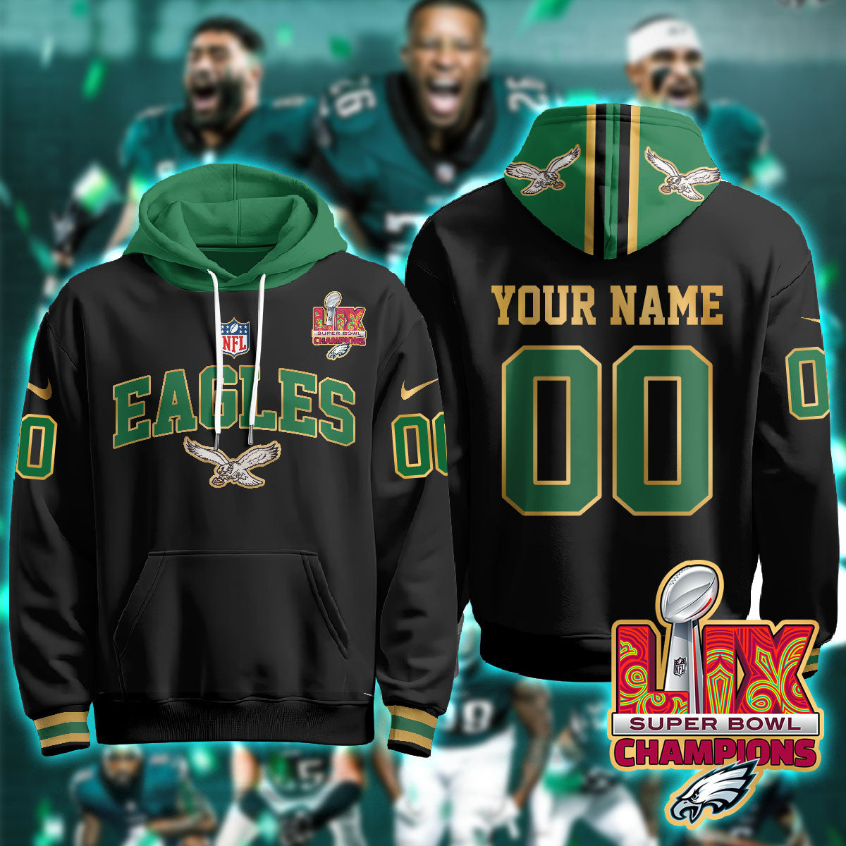 Philadelphia Eagles Super Bowl LIX Champions Gold Hoodie N2r