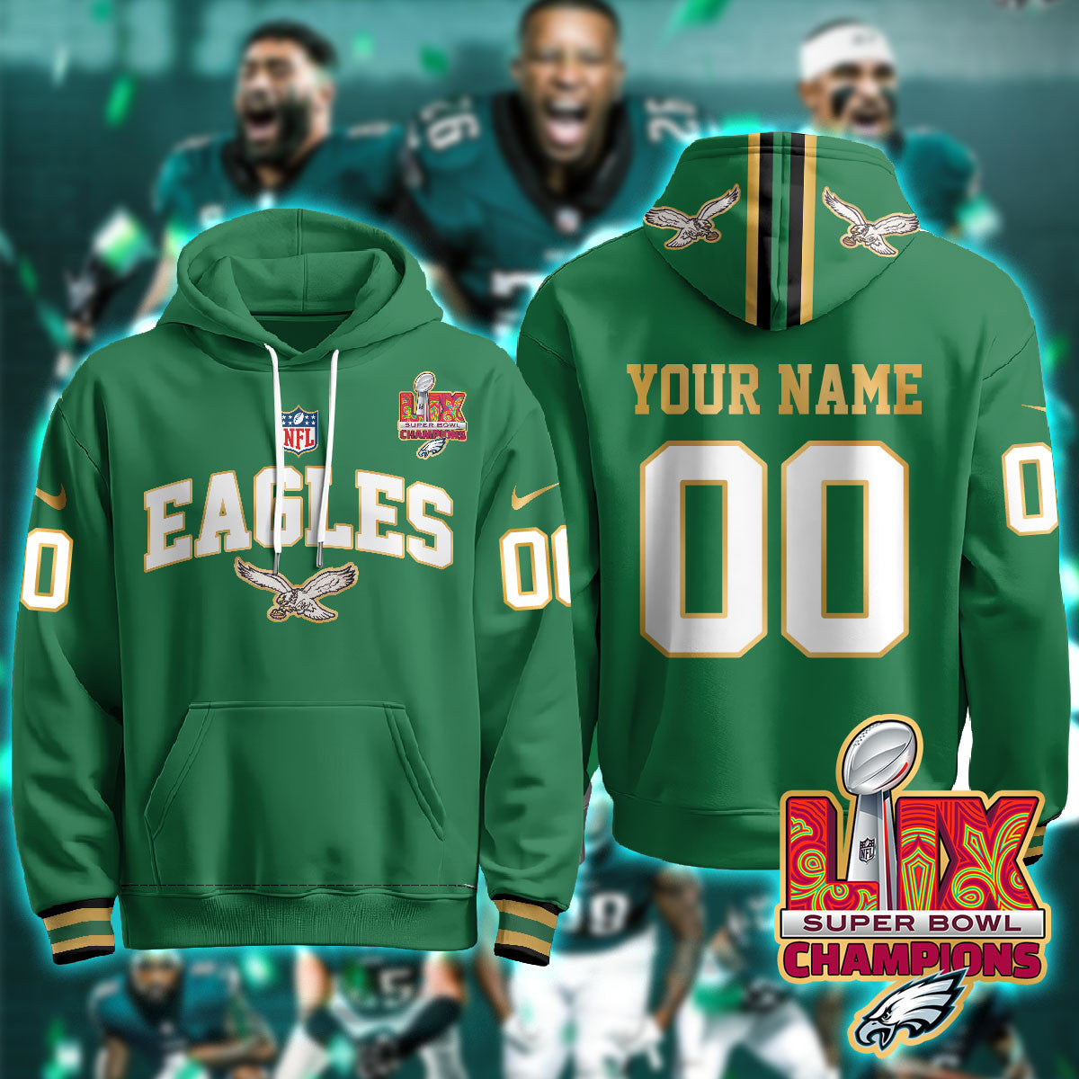 Philadelphia Eagles Super Bowl LIX Champions Gold Hoodie N2r