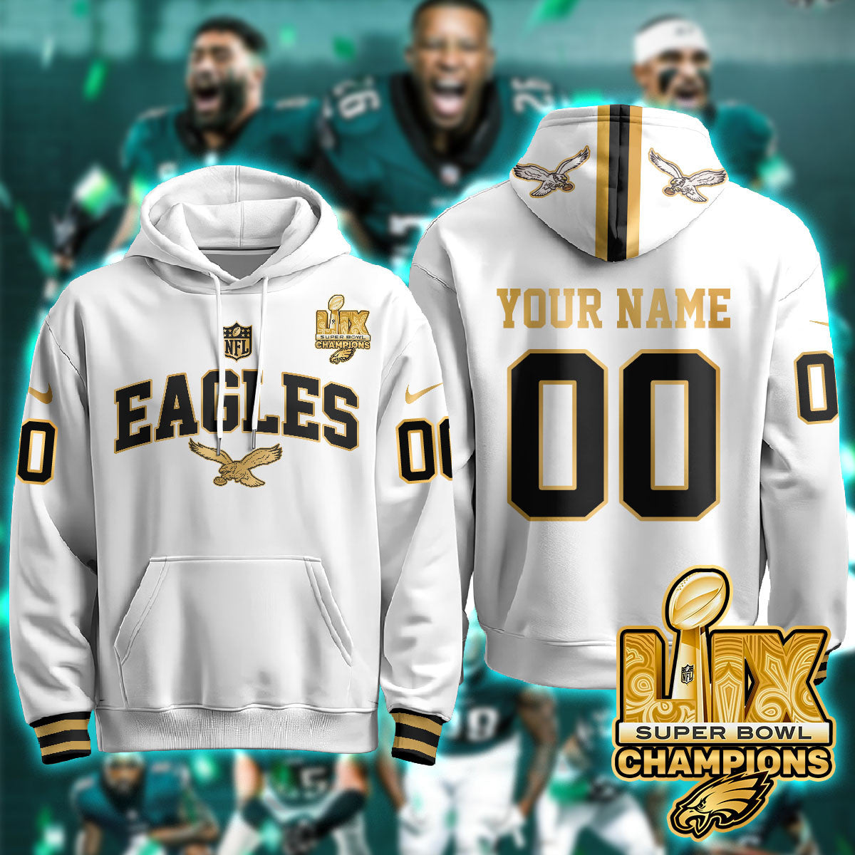 Philadelphia Eagles Super Bowl LIX Champions Gold Hoodie N2r