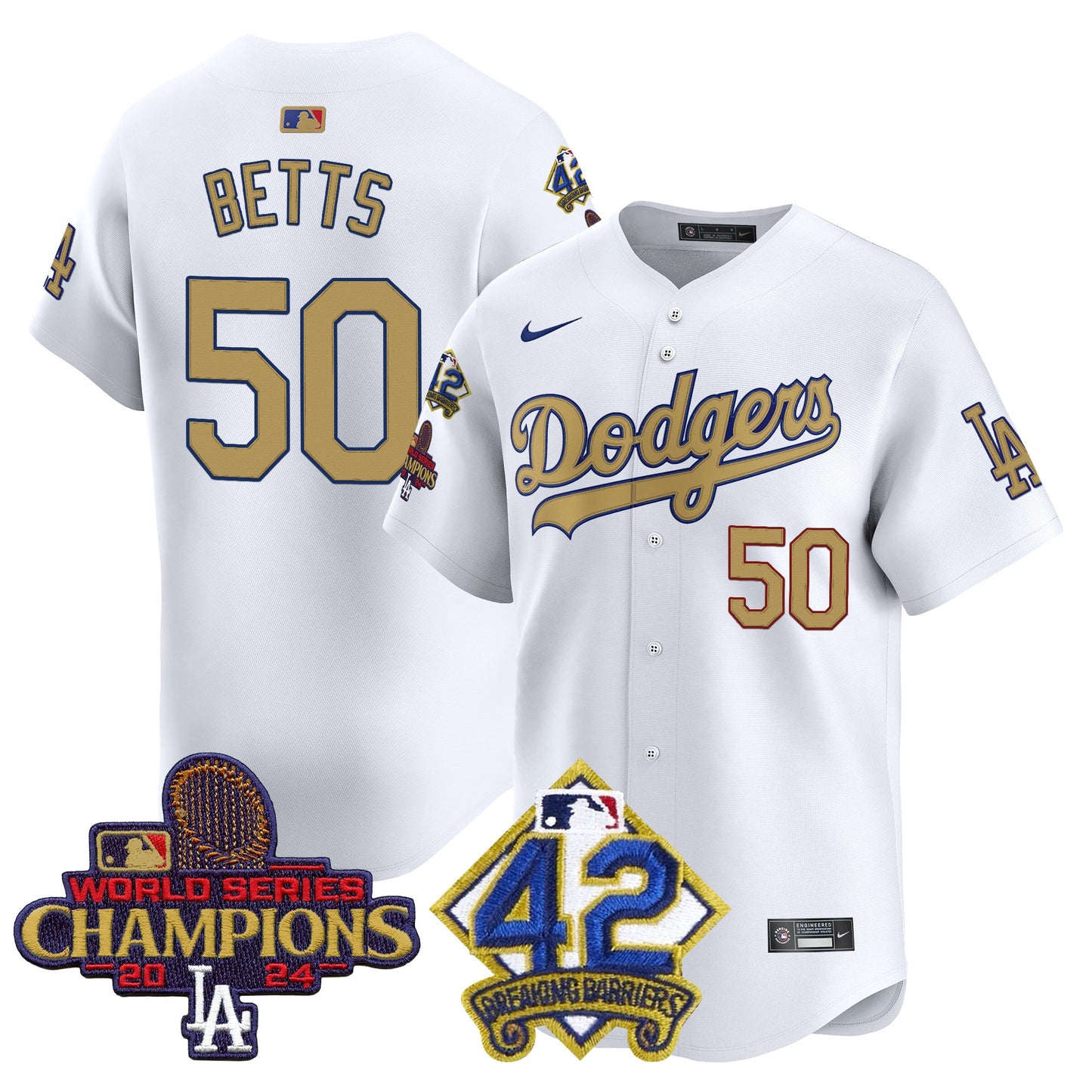 Men's Dodgers 2024 World Series Champions & Jackie Robinson Patch Vapor Premier Limited Jersey - All Stitched